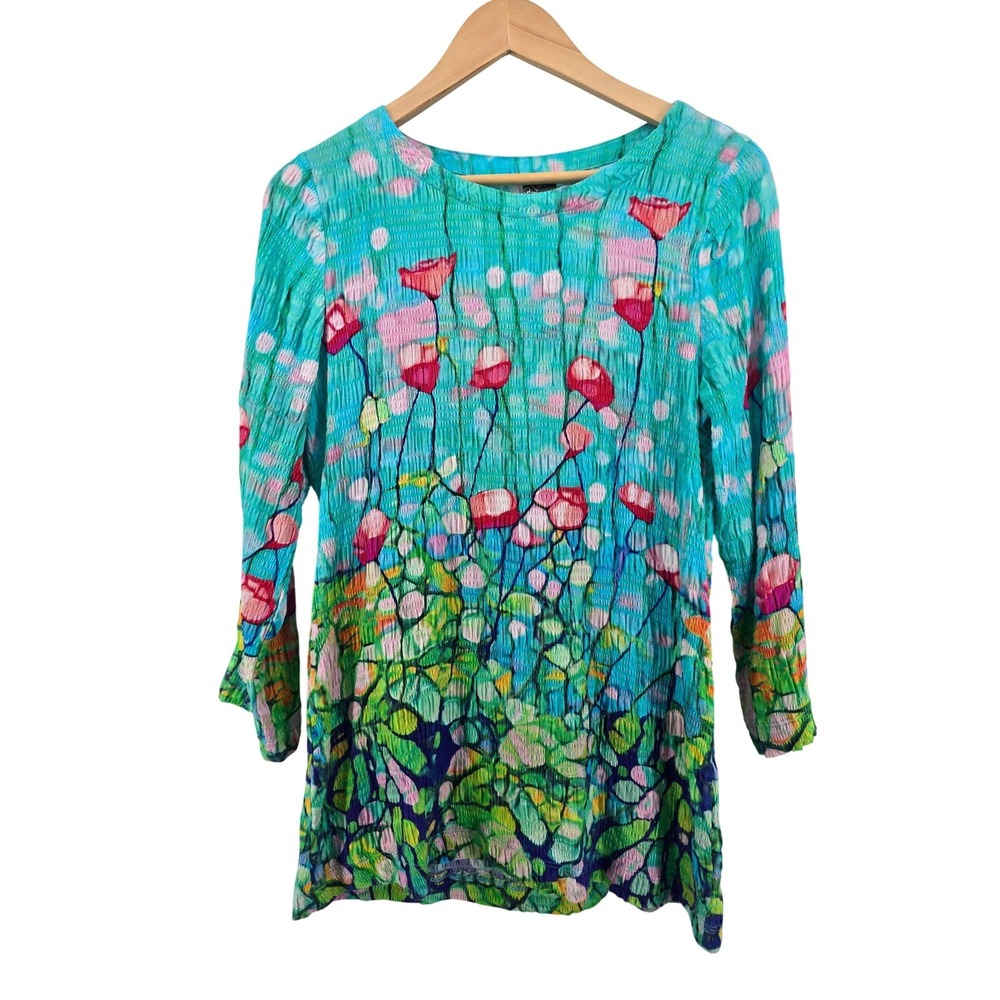 Dolcezza Top Womens XS Blue Floral Art to Wear Smocked 3/4 Sleeve Simply Art